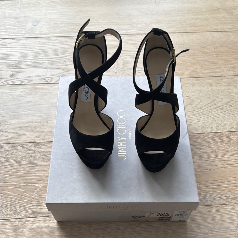Jimmy Choo Black Suede Platform Heels 7.5 - Picture 6 of 12